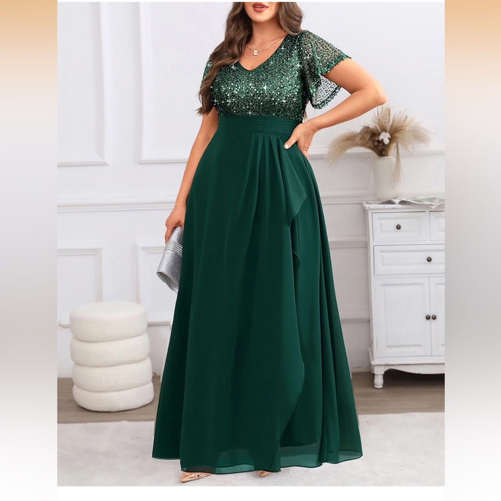 Chic Forest Green Maxi Dress with Sequin Detail